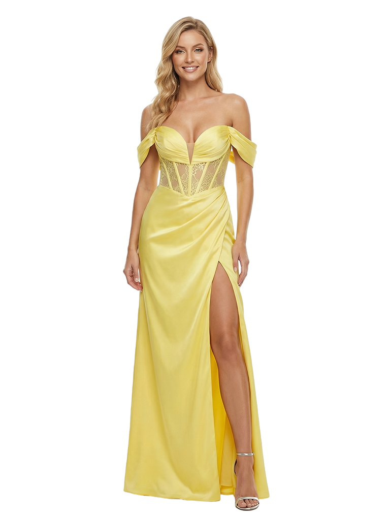 Unique Sweetheart Off Shoulder Corset Prom Dress Satin Side Slit Party Gown