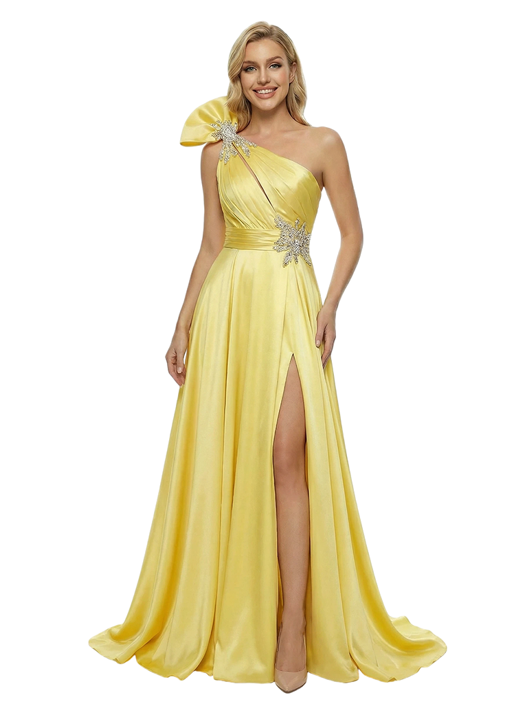 Pretty One Shoulder Satin Prom Dress Diagonal Ruffle Trim A-Line Side Slit Evening Gown