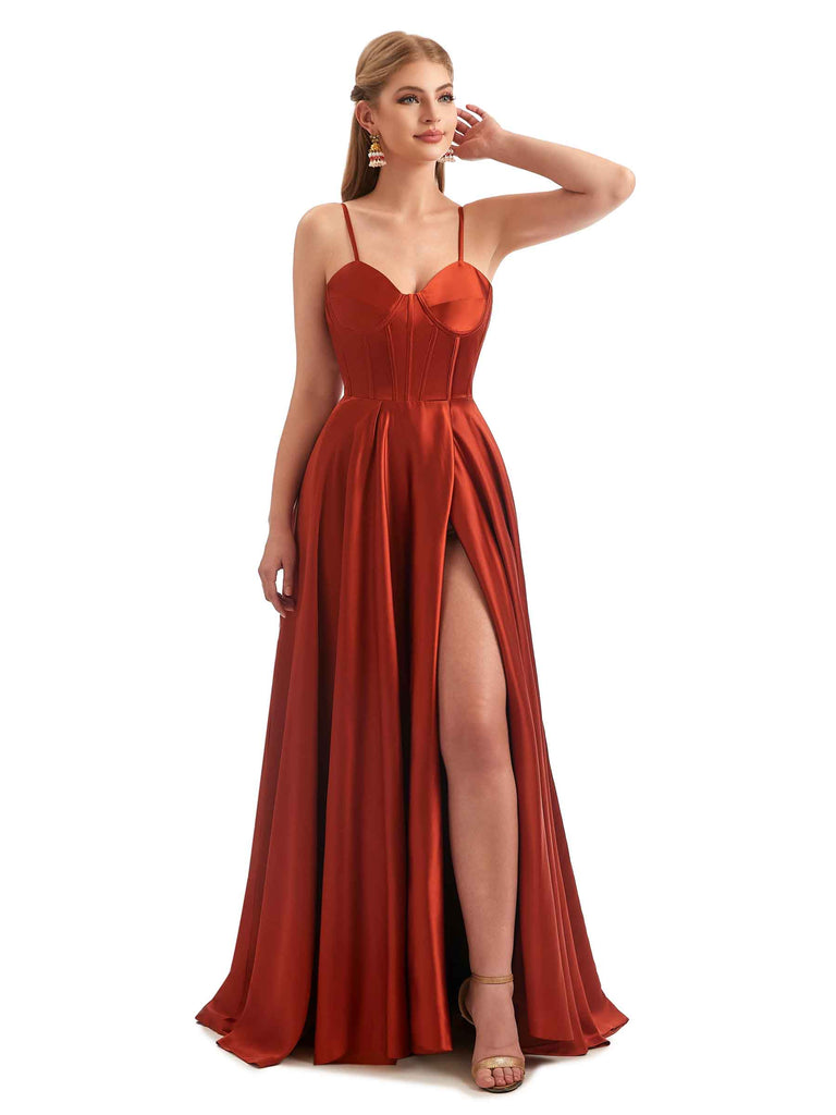 A-Line Formal Satin Long Wedding Guest Dresses Online Side Split Spaghetti Straps