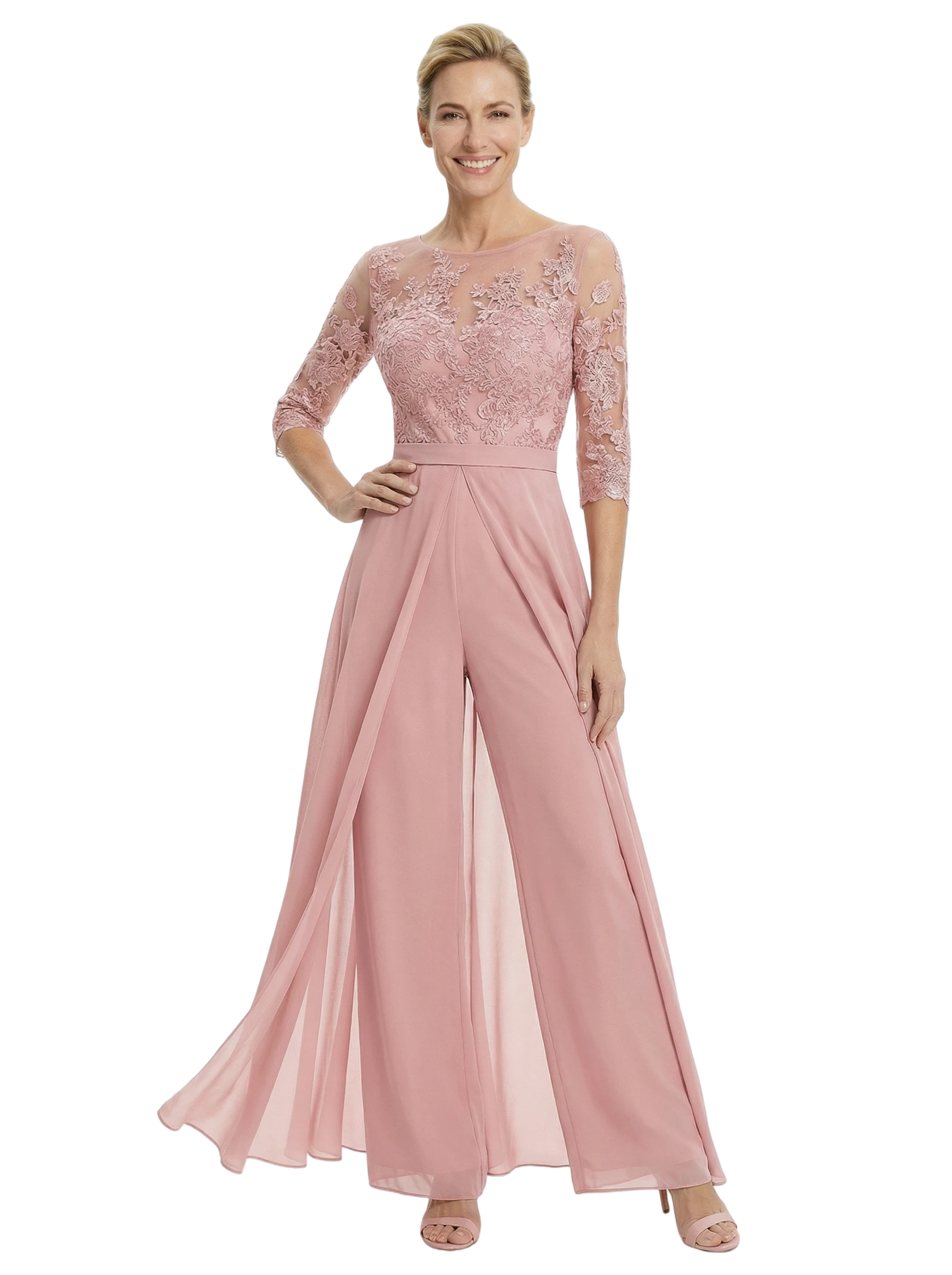 Chicsew Stylish Illusion 3/4 Sleeve Lace Mother of The Bride Jumpsuit Flowy Chiffon Modern Occasion Wear
