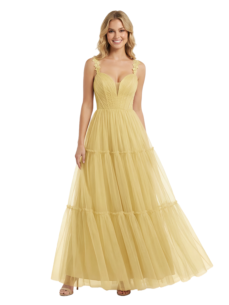 ChicSew Pretty V-Neck Tulle Prom Gown Elegant Lace Straps A-Line Maxi Evening Dress