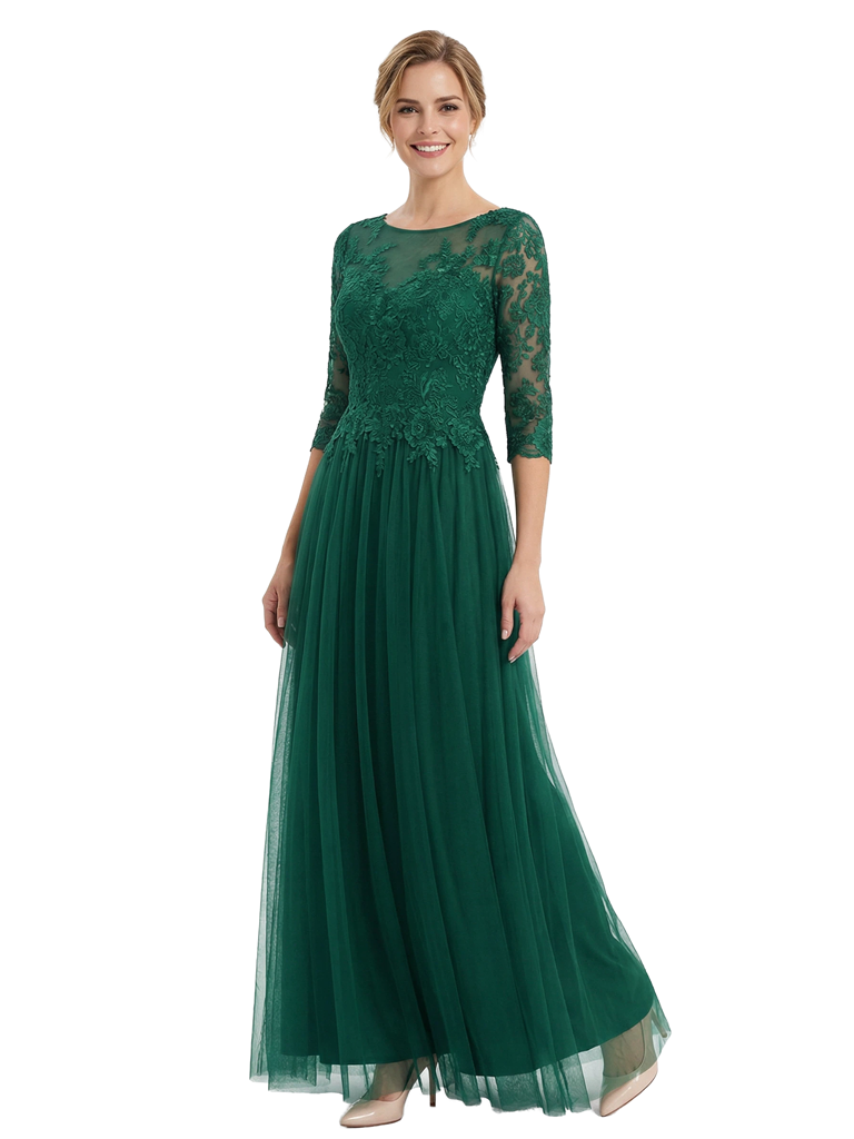 Elegant Boat Neck 3/4 Sleeves Lace A-Line Chiffon Mother Of The Bride Dresses