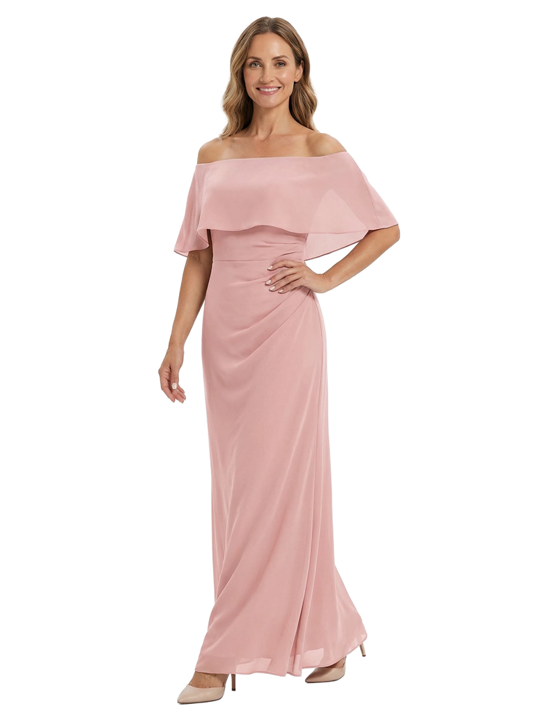 Chicsew Stunning Off Shoulder Ruched Floor-Length Chiffon Mother of The Bride Gown