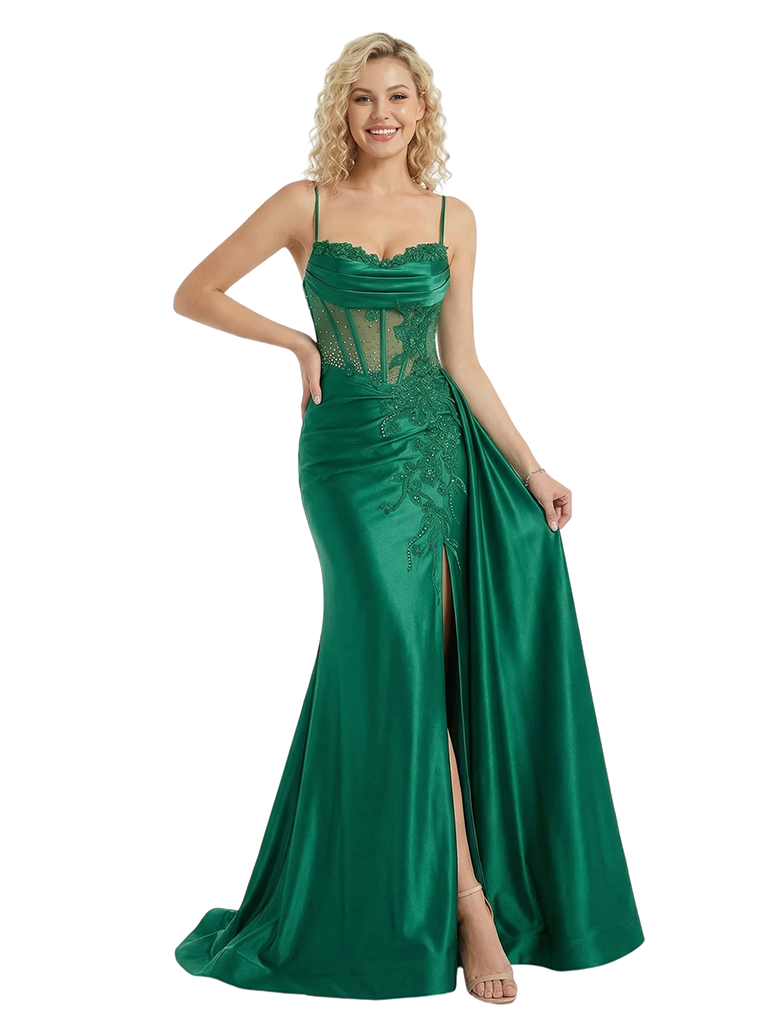 ChicSew Long Lace Corset Mermaid Satin Side Slit Party Prom Dresses With Waist Drape