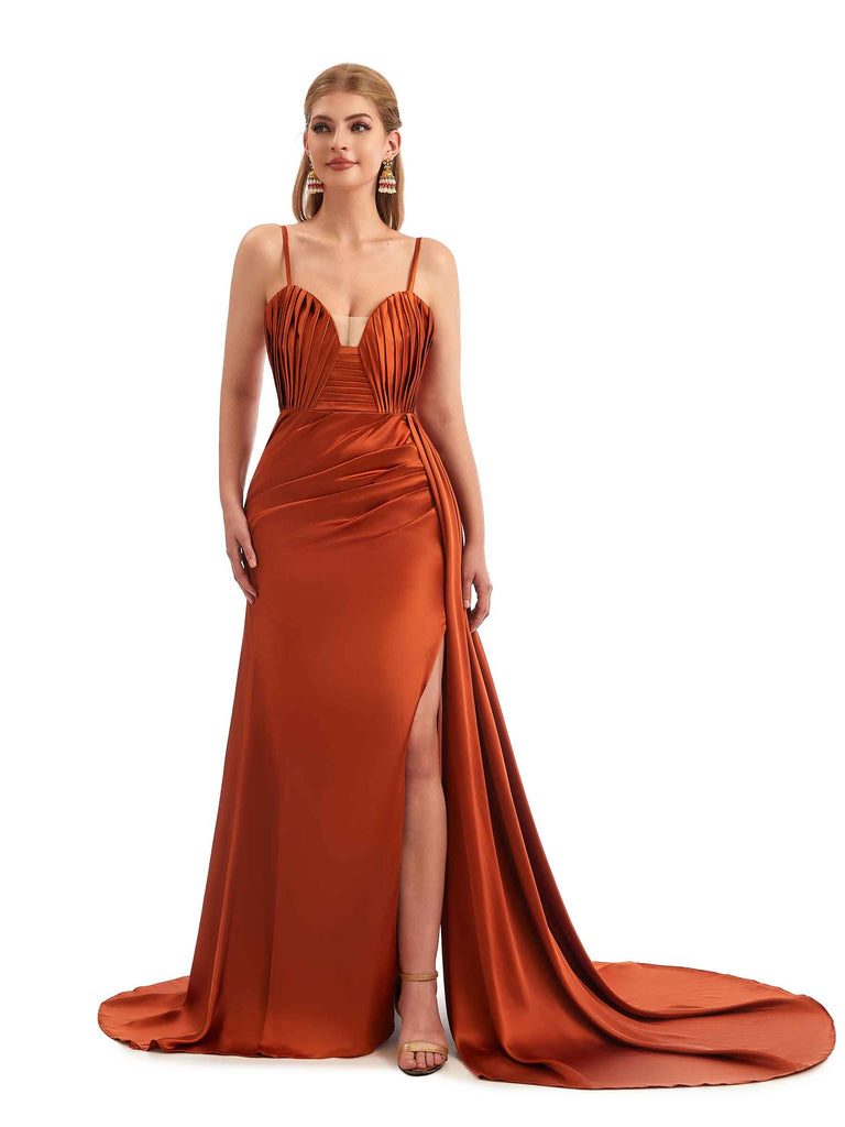 Ruched Satin Side Split Spaghetti Straps Long Mermaid Bridesmaid Dresses Online