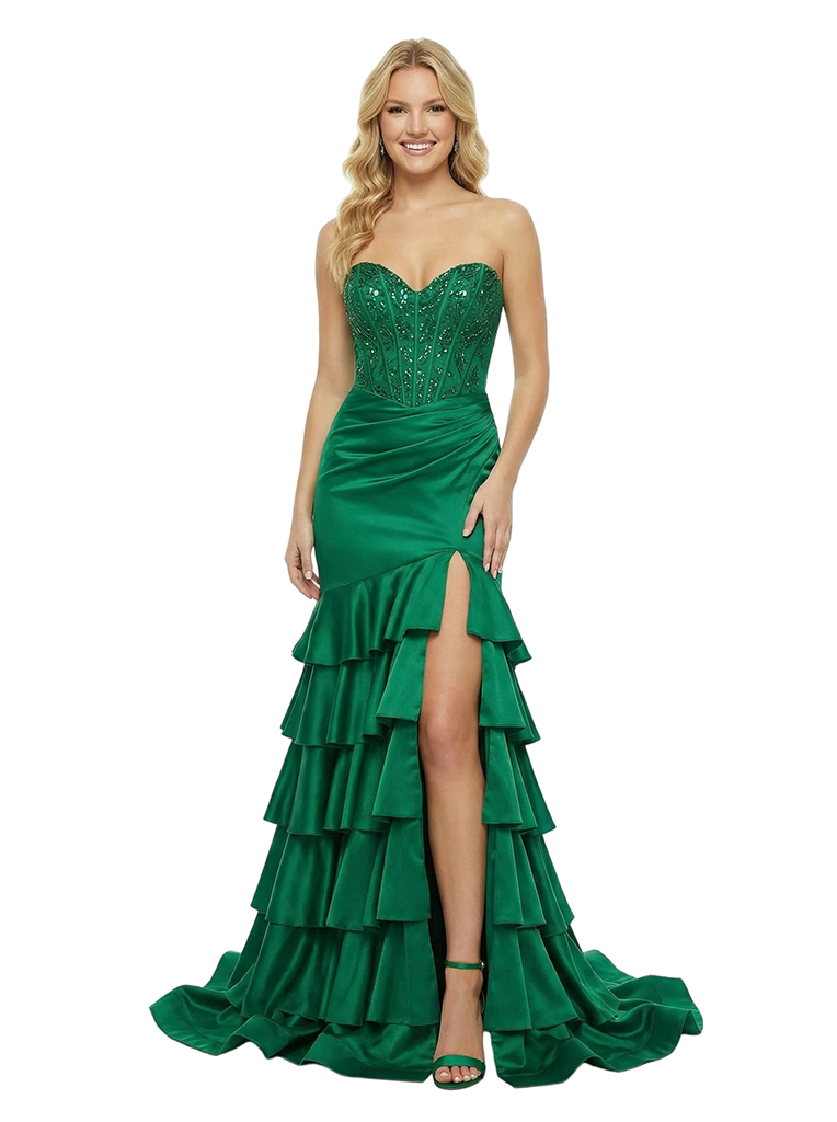ChicSew Classy Strapless Sweetheart Prom Dress Beaded Corset Bodice Tiered Ruffle Slit Mermaid Silhouette Floor Length Formal Evening Wear