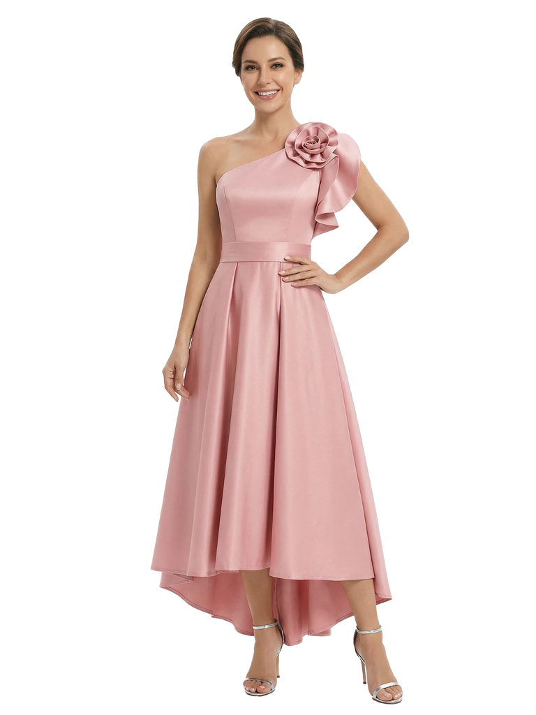 Unique One Shoulder High-Low Satin A-Line Mother Of The Bride Dress Floral Ruffle