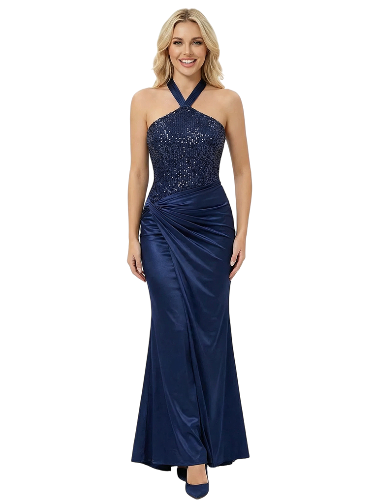 Sparkly Sequin Halter Lace Corset Prom Dress Ruched Satin Mermaid Gown Overlay
