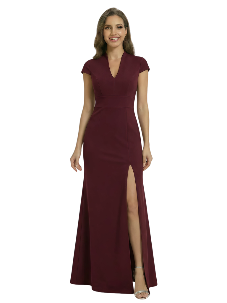 Chicsew Pretty Crepe Cap Sleeves V-Neck Side Slit Mermaid Gown Formal Mother Of The Groom Dresses