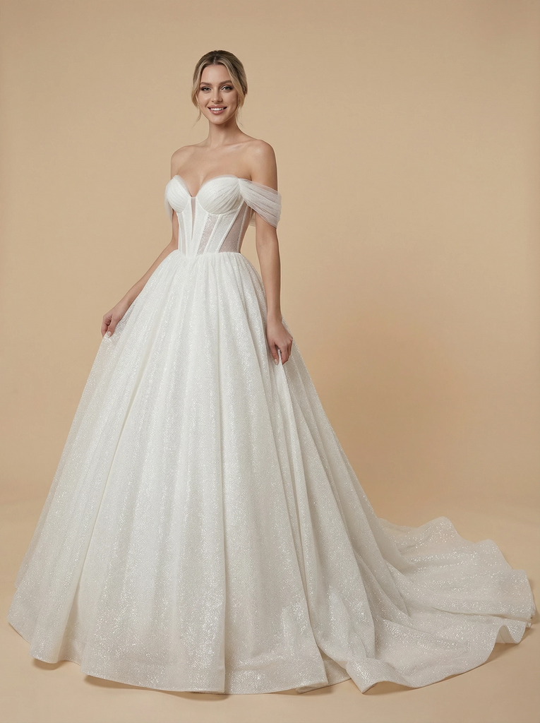 Shiny A-Line Off Shoulder Boning Maxi Long Sequin Wedding Dresses Online