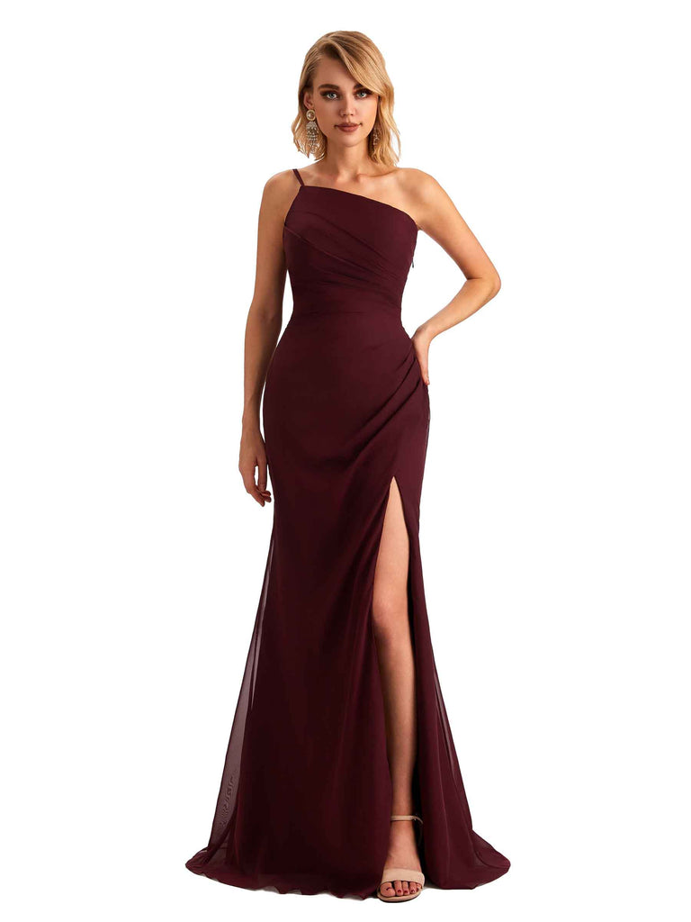 Elegant Side Slit Chiffon One Shoulder Mermaid Long Mother of the Brides Dresses