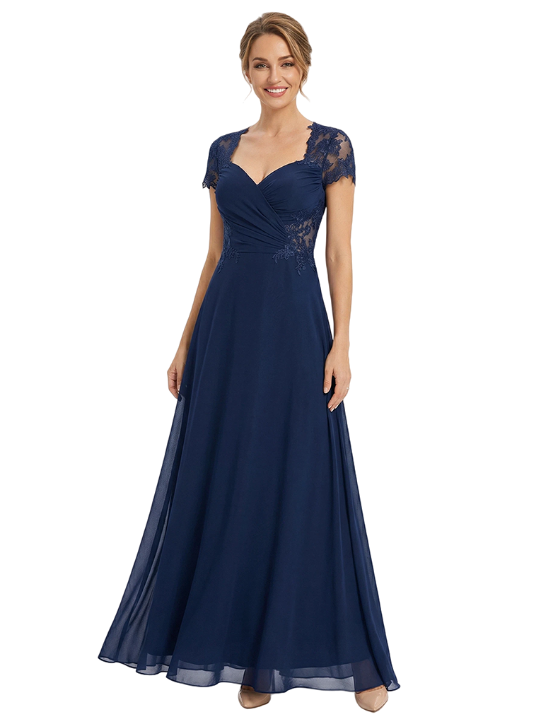 Chicsew Beautiful Sweetheart Cap Sleeves Lace Applique Chiffon A-Line Mother Of The Bride Gown