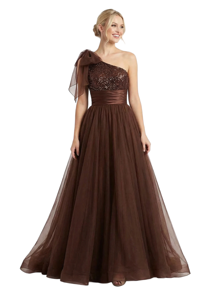 ChicSew Fancy One Shoulder Prom Dress Sequin Tulle Ruched Formal Evening Dresses