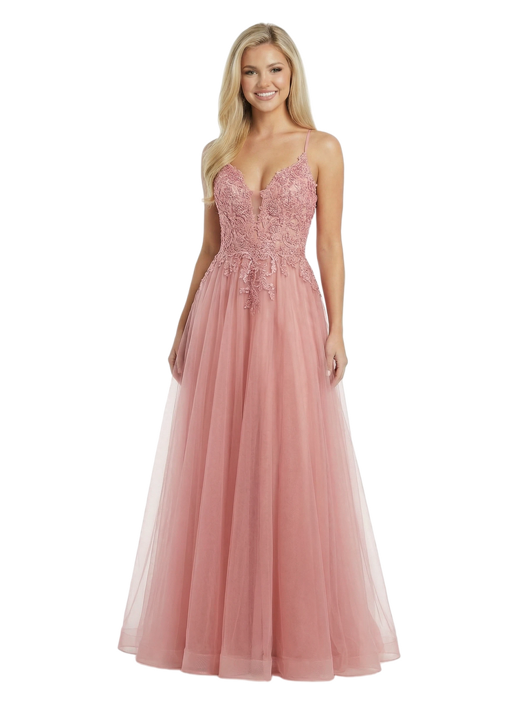 Beautiful Spaghetti Straps V-Neck Lace Appliques A-Line Tulle Ball Gown Formal Prom Dress
