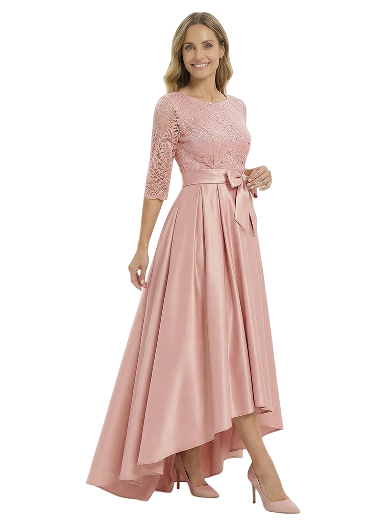 Beautiful Silky Satin A-Line High-Low Lace Mother Of The Bride Dress With Bow Knot