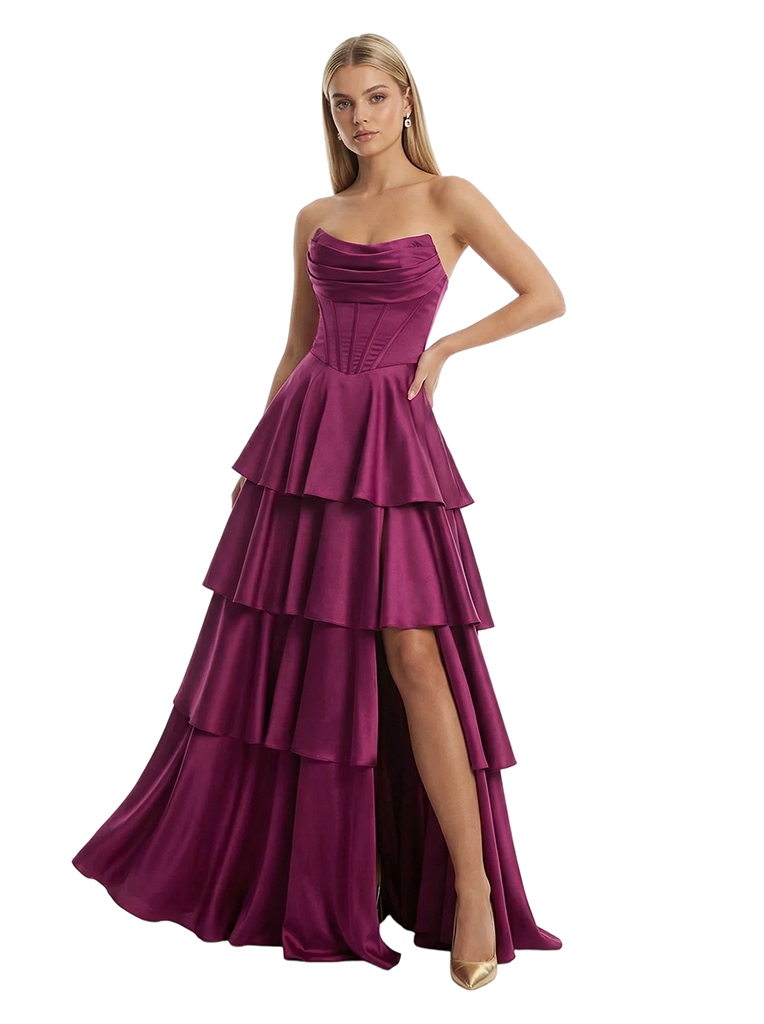 Stunning Corset Lace Up Back Side Slit Satin Prom Gown Unique A-Line Long Dress