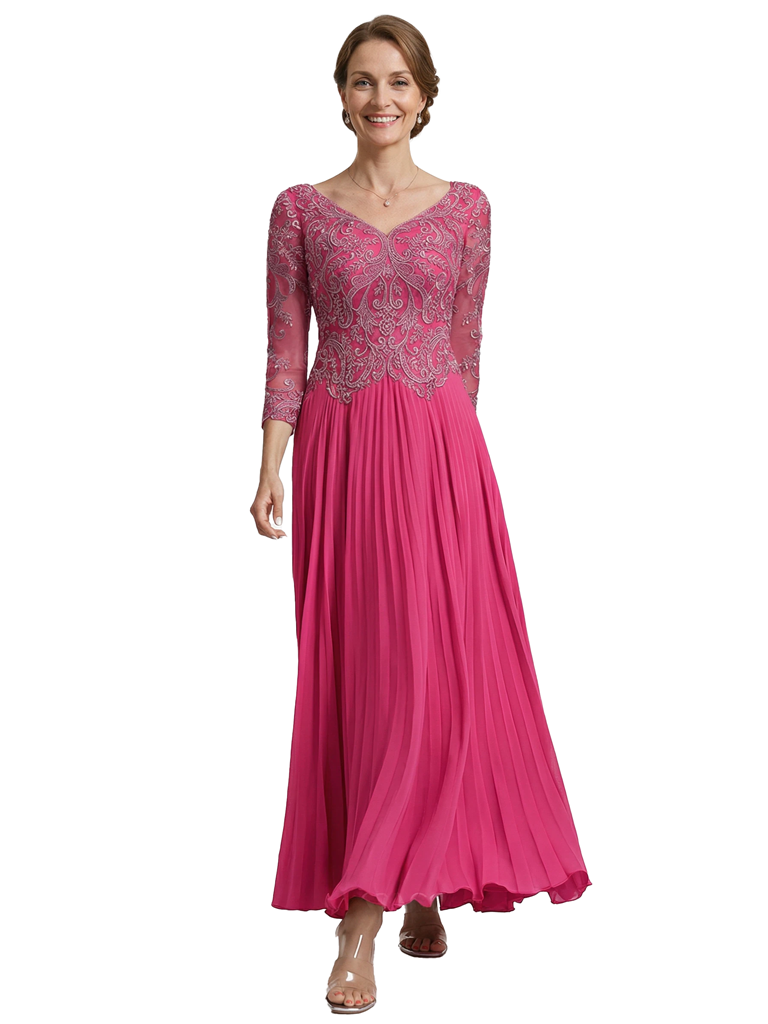 Chicsew Fancy Lace Appliques V-neck 3/4 Sleeves Ankle-Length Chiffon Mother of The Bride Gown