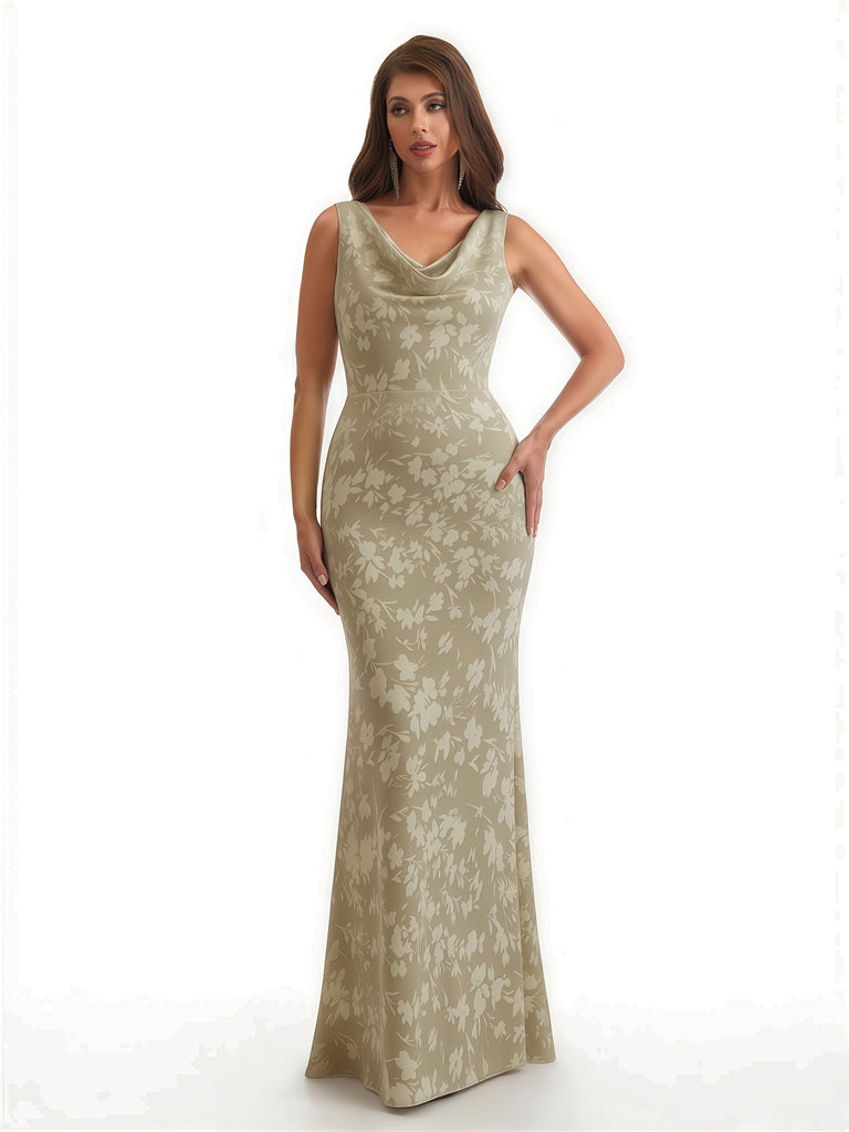 Elegant Spaghetti Straps Cowl Mermaid Long Satin Floral Formal Evening Dresses For Ladies
