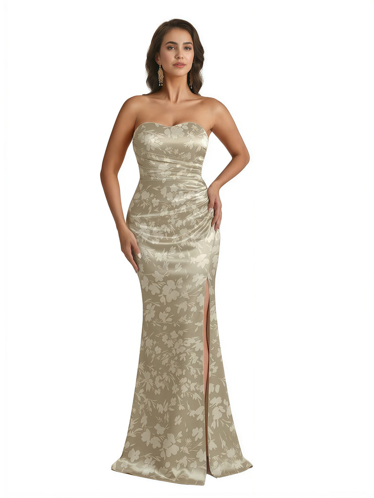 Trendy Sweetheart Strapless Side Slit Mermaid Long Satin Floral Formal Dresses For Women