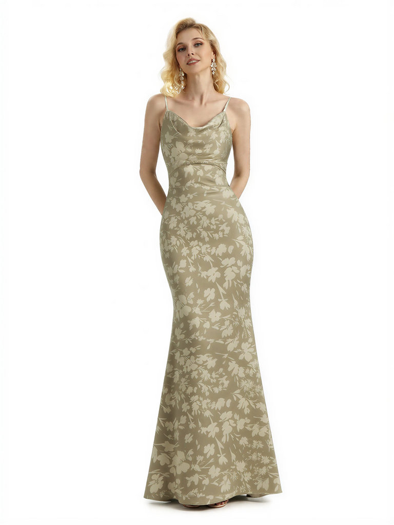 Sexy Jewel Spaghetti Straps Mermaid Long Satin Floral Formal Dresses For Women
