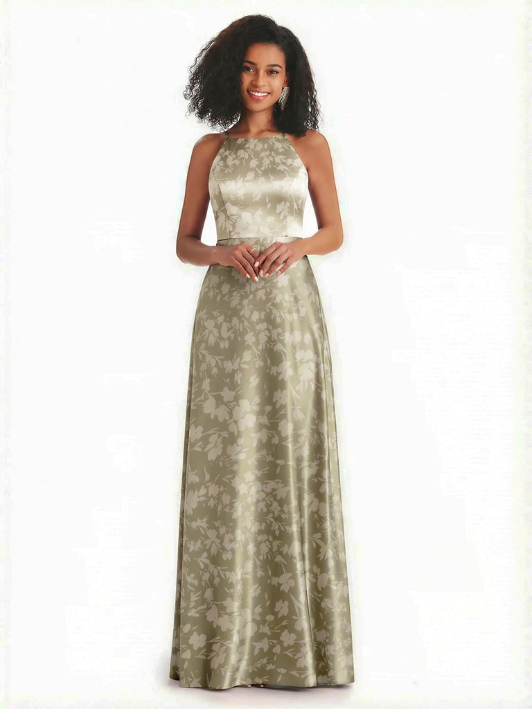 Sexy Spaghetti Straps A-line Long Satin Floral Formal Dresses For Women
