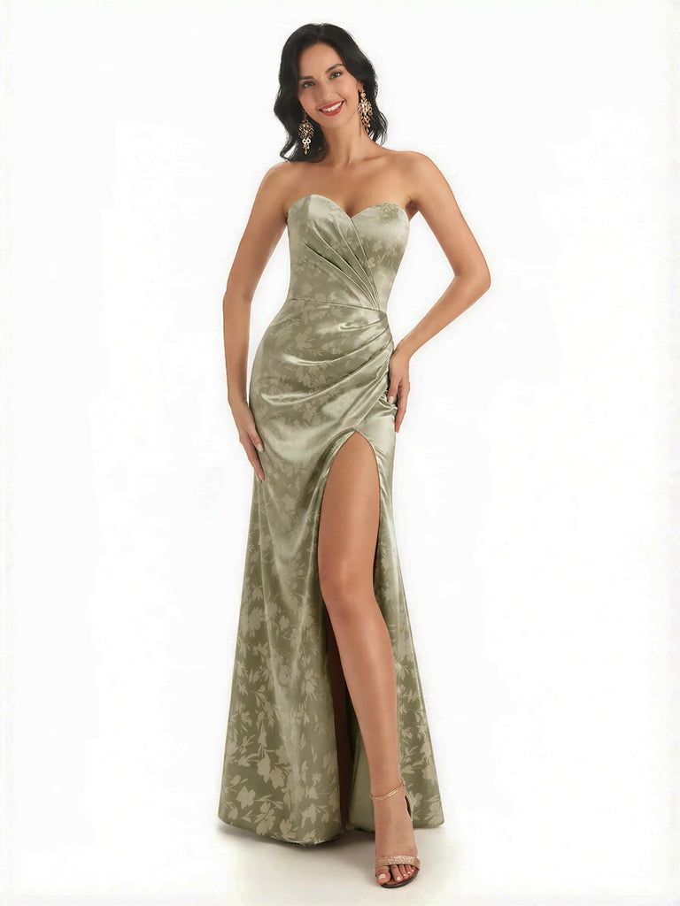 Sexy Sweetheart Side Slit Mermaid Long Satin Floral Formal Dresses For Women
