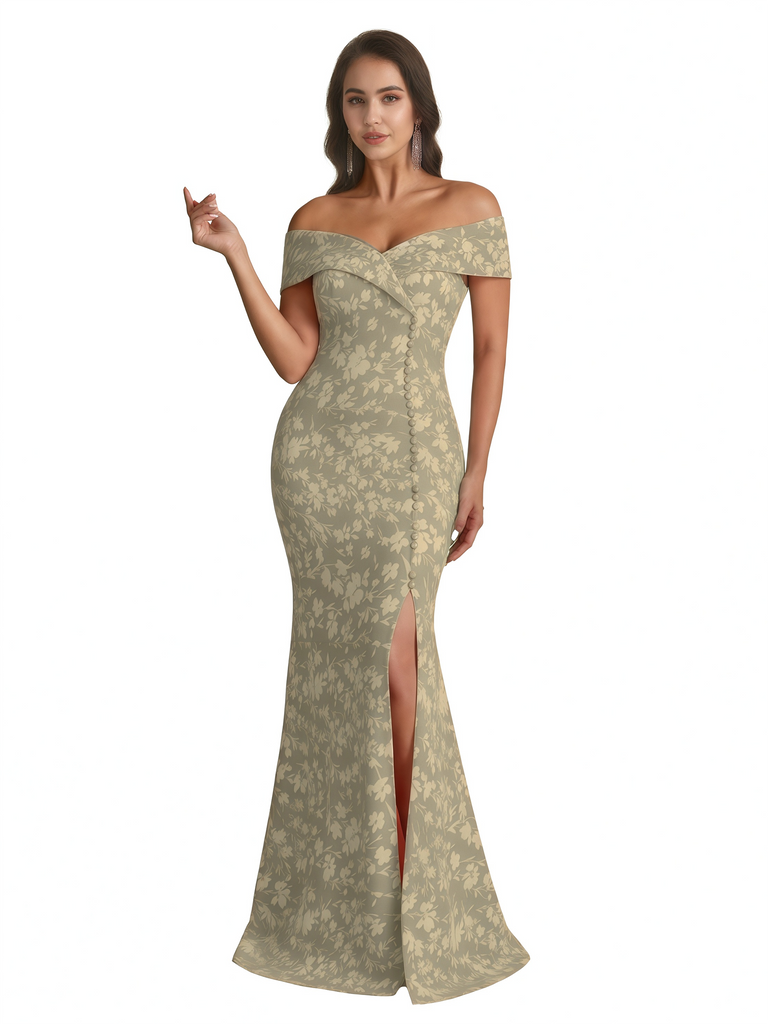 Sexy Off Shoulder Mermaid Long Satin Floral Formal Dresses For Women