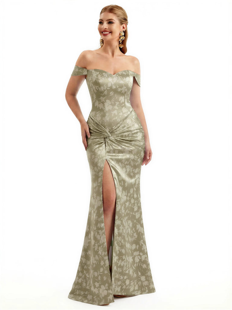 Beautiful Off Shoulder Side Slit Mermaid Floral Satin Maxi Floral Formal Dresses For Women