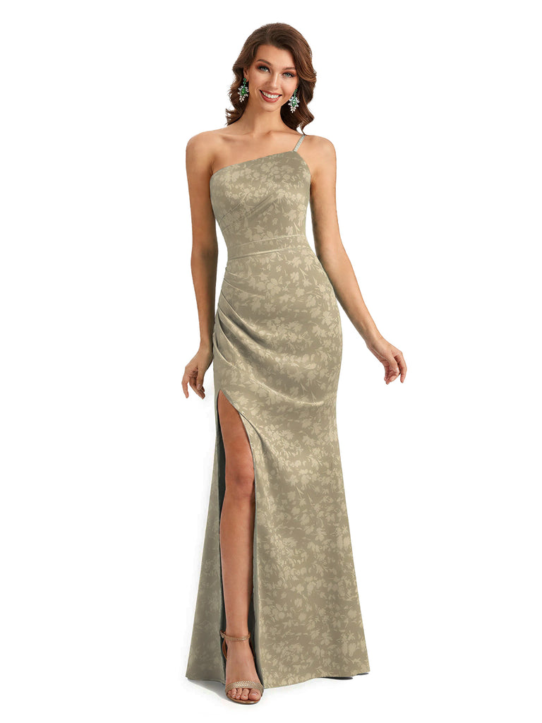 Simple One Shoulder Side Slit Sleeveless Mermaid Floral Satin Maxi Floral Formal Dresses For Women
