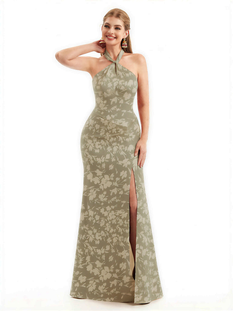 Beautiful Halter Side Slit Mermaid Floral Satin Maxi Floral Formal Dresses For Women