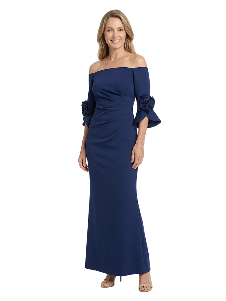 Chicsew Off Shoulder 3/4 Sleeve Floral Applique Mermaid Ankle Length Stretch Crepe Fancy Mother Of The Bride And Groom Dresses