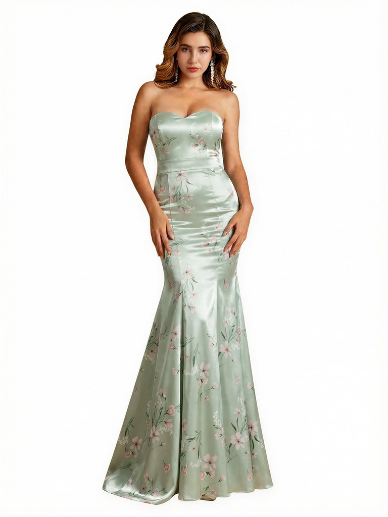 Sexy Sweetheart Mermaid Long Satin Floral Formal Dresses For Women
