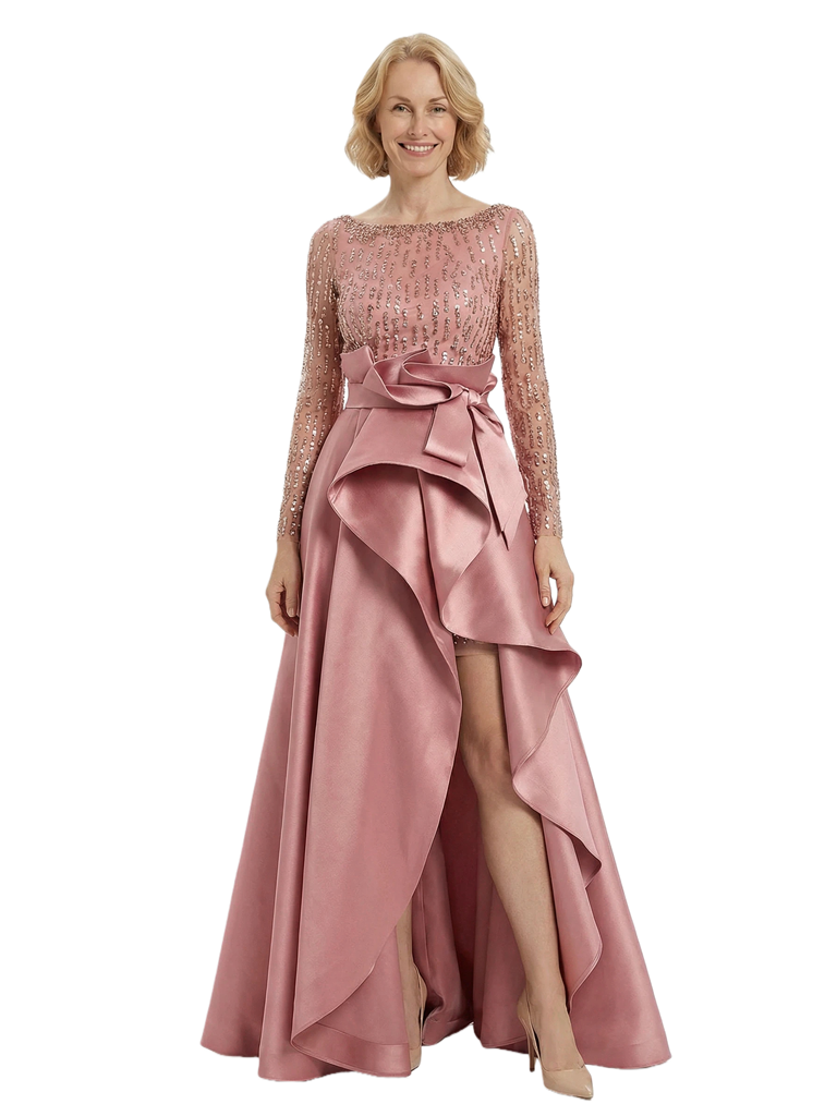 Fancy Silky Satin Ruffle Slit Sequin Long Sleeves A-Line Mother Of The Groom Gown