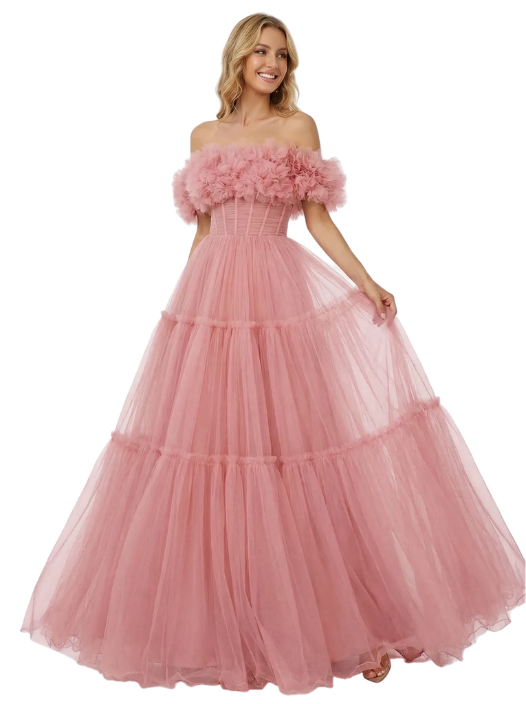 ChicSew Beautiful Strapless Corset Tulle A-Line Maxi Long Evening Prom Dresses
