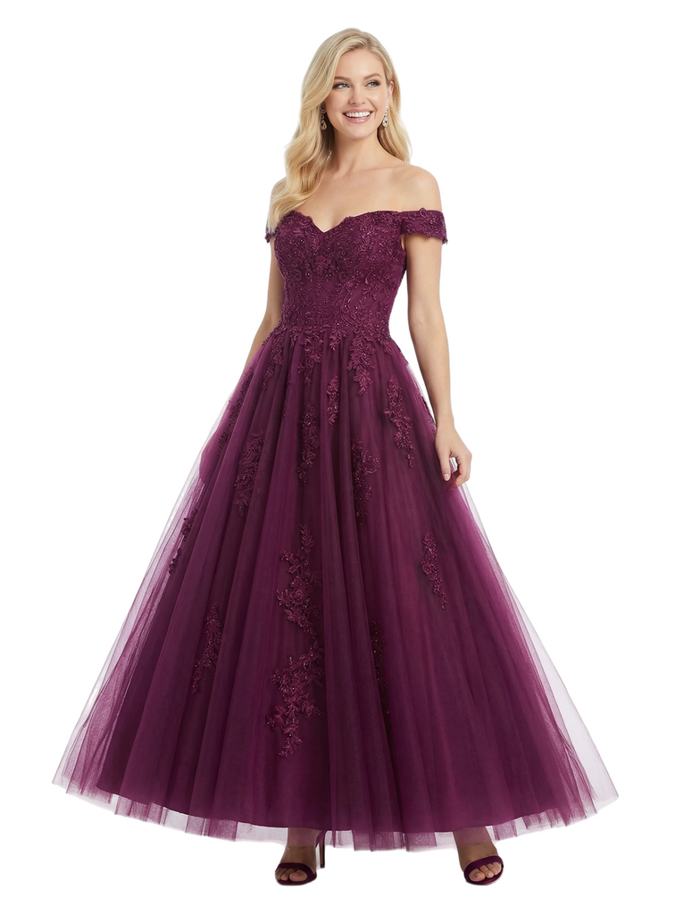 ChicSew Off The Shoulder Lace Beaded A-line Tulle Ball Gown Prom Dress