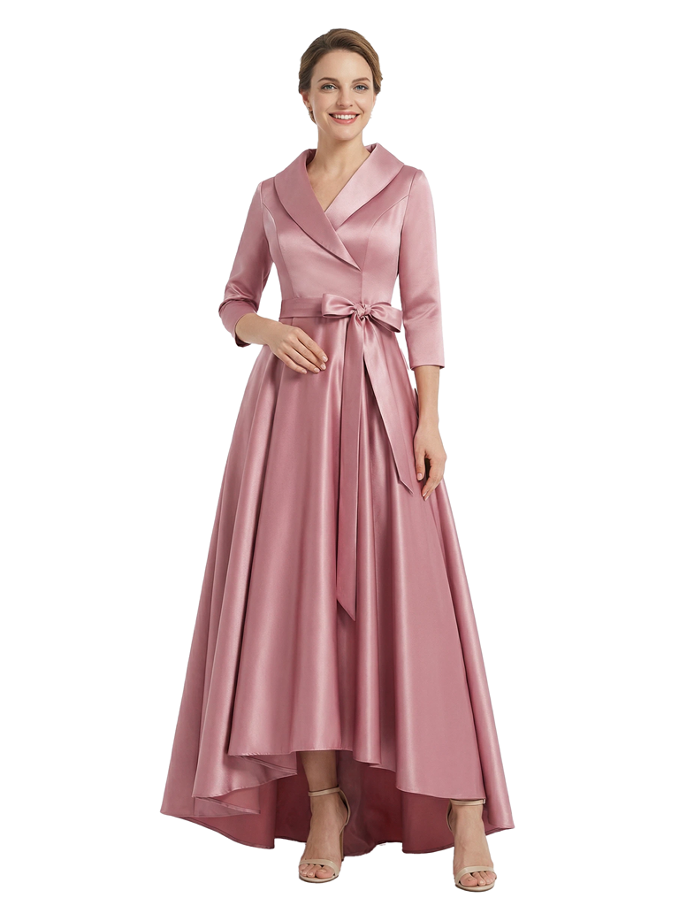 Chicsew Modern High-Low 3/4 Sleeves Satin Mother Of The Bride Dress With Bow Knot