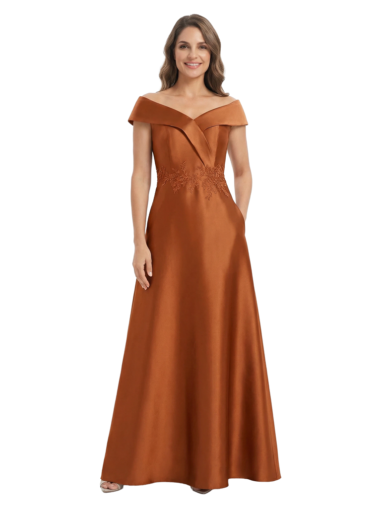 Chicsew Modern Off The Shoulder Applique Silky Satin A-Line Mother Of The Bride Dress