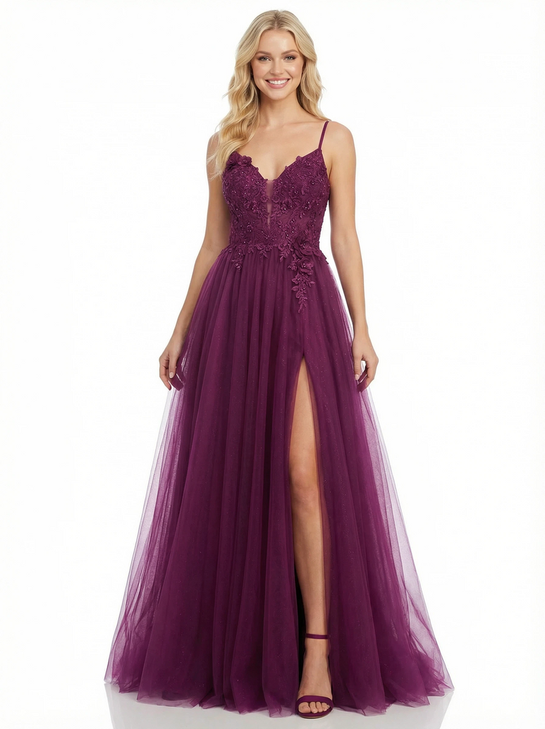Spaghetti Strap Lace Beaded Tulle A-Line Formal Prom Dress