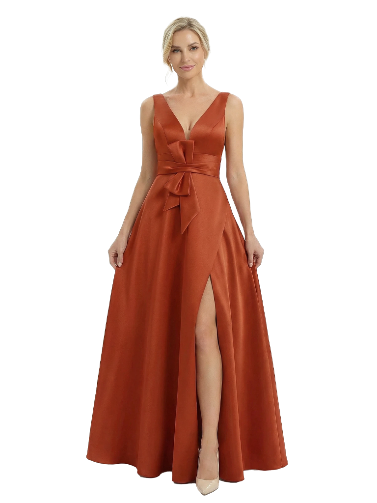 Chicsew Unique Sleeveless V-Neck Satin A-Line Side Slit Mother Of The Bride Gown With Bow Waist