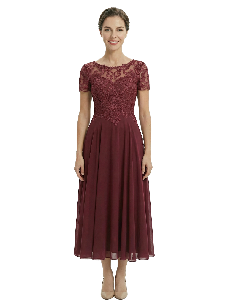Chicsew Vintage Tea Length Short Sleeves Mother Of The Bride Dress With Lace Illusion Neck