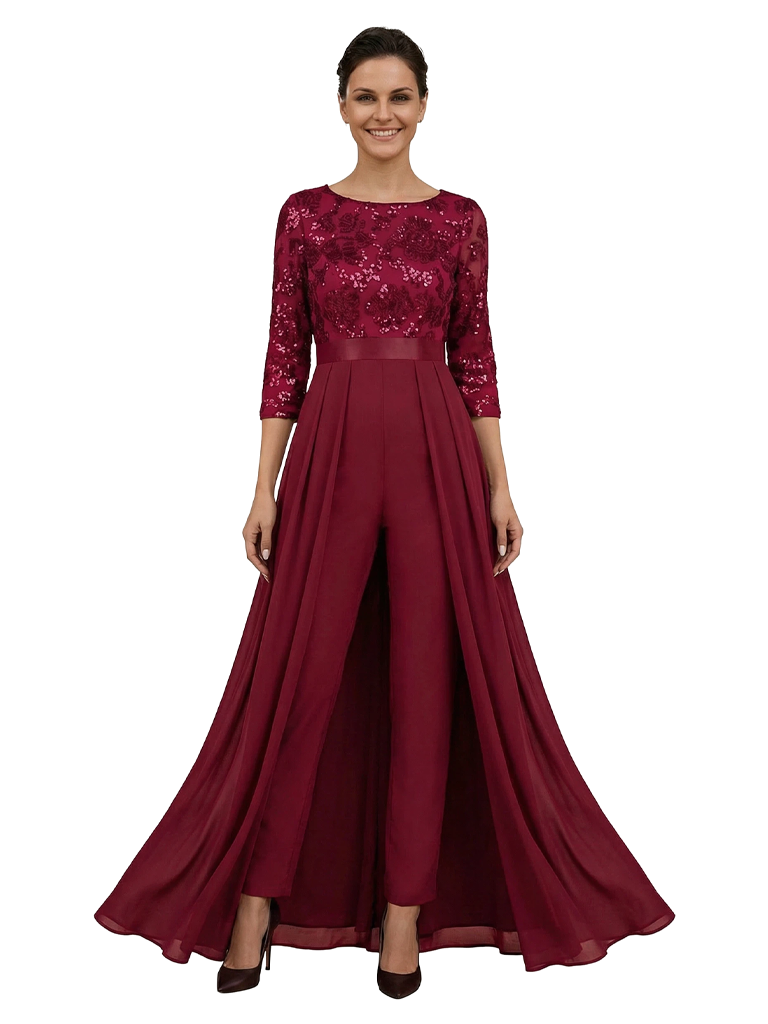Chicsew Unique Lace Appliques 3/4 Sleeves Mother Of The Bride Jumpsuit With Train