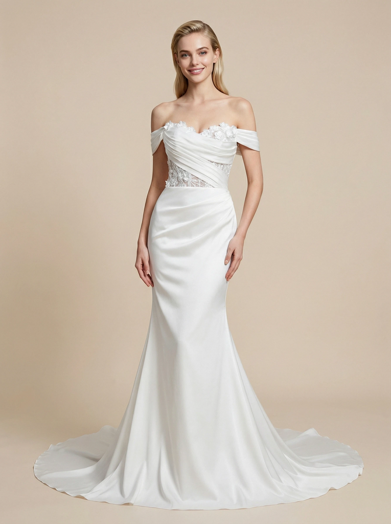 Mermaid Off Shoulder Ruched Maxi Long Satin Wedding Dresses With Lace Applique