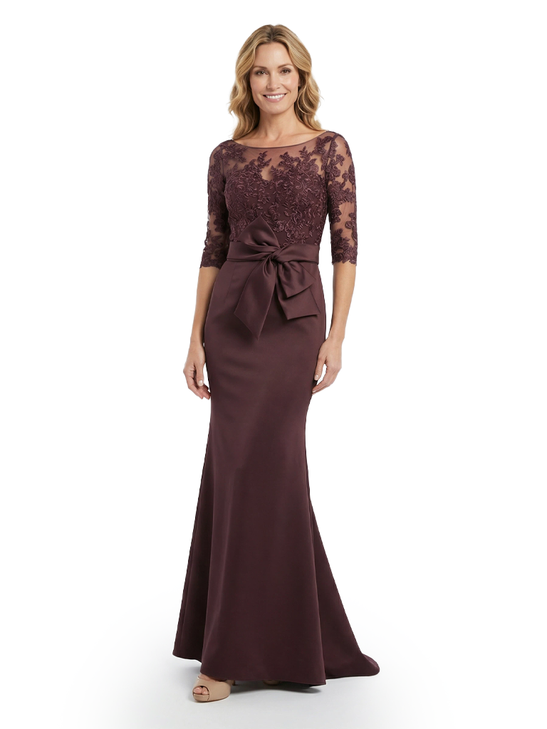 Elegant Mermaid Illusion Half Sleeves Lace Top Satin Mother Of The Bride Gown With Bow Knot