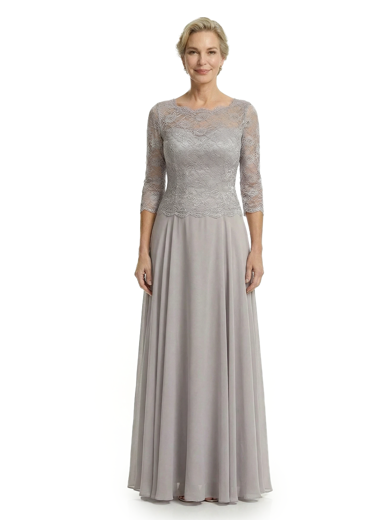 Chicsew Elegant Lace Appliques Top 3/4 Sleeves A-Line Chiffon Mother of The Bride Gown