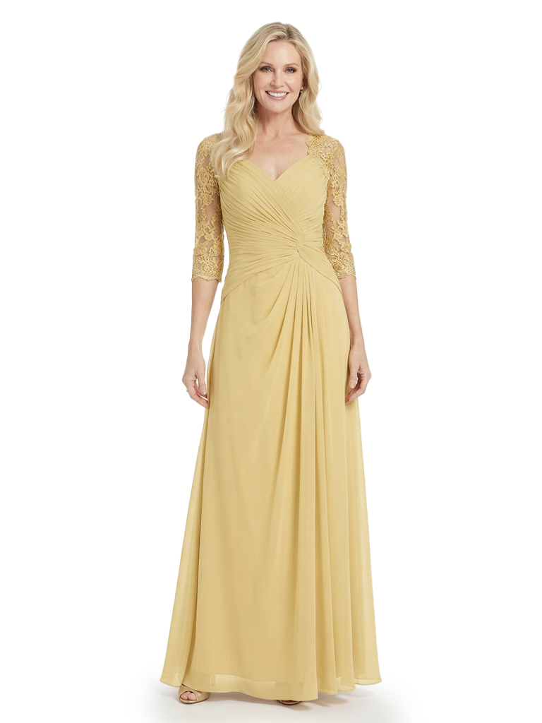 Chicsew Beautiful Lace Sleeves Ruched Chiffon Floor-Length Mother Of The Groom Dress