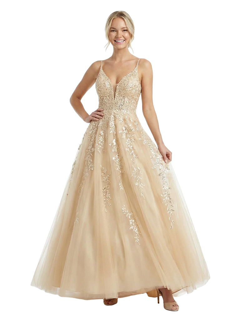 Beautiful Spaghetti Strap Prom Gown Lace Applique Classy Ball Gown Silhouette for Formal Events