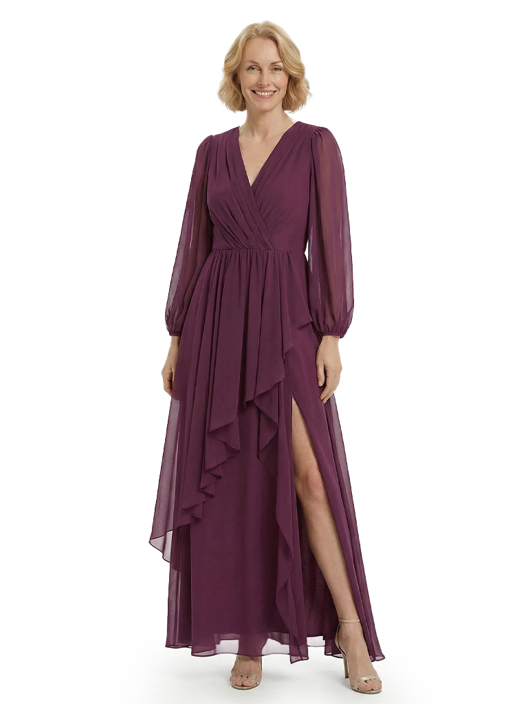 Chicsew Gorgeous V-neck Lantern Sleeves Side Slit Ruffles Chiffon Mother of The Bride Gown
