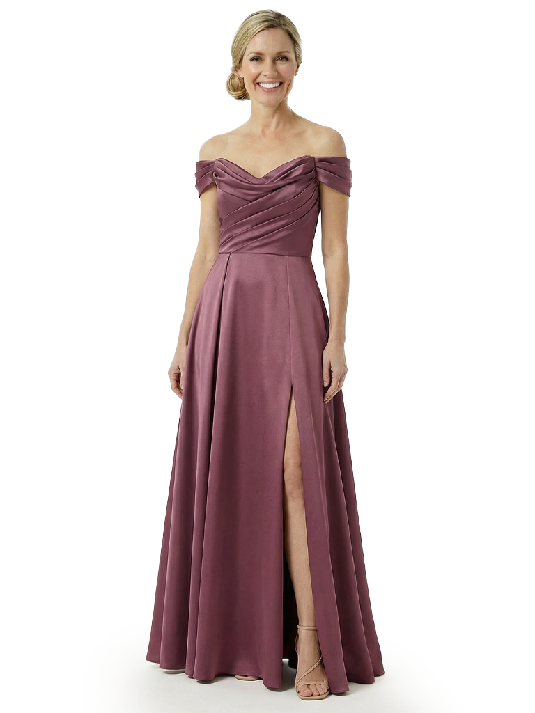 Chicsew Off The Shoulder Ruched Satin Mother Of The Bride Dress A-Line Gown With Side Slit