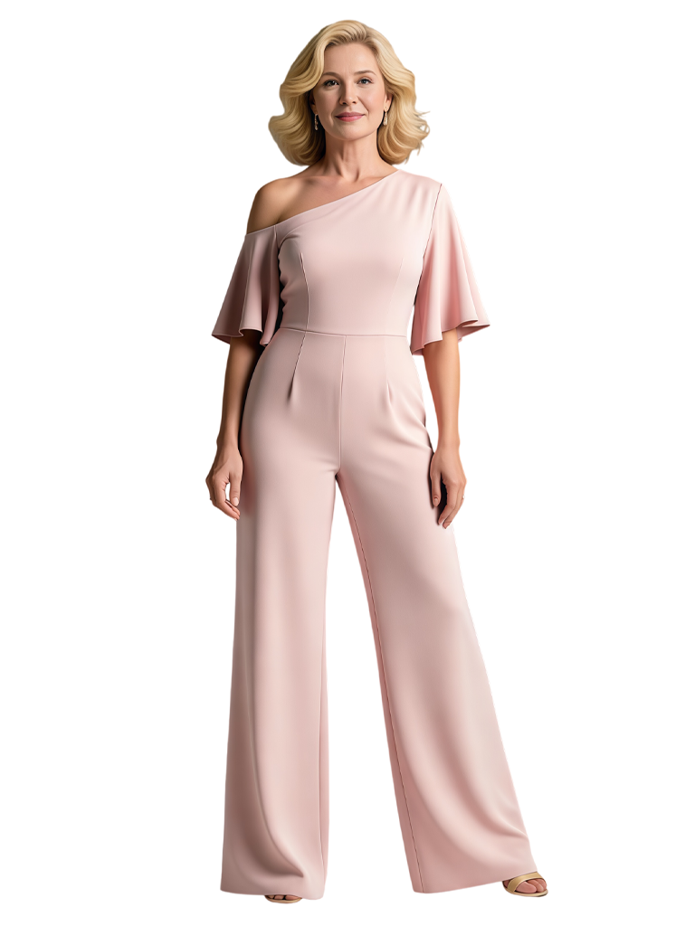 Chicsew Chic One Shoulder Bell Sleeves Satin Floor Length Mother of The Bride Jumpsuit