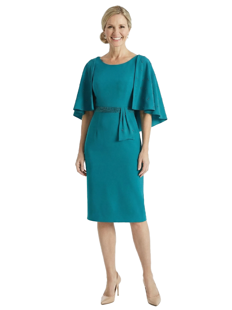 Chicsew Classy Scoop Beaded Cape Sleeves Knee-Length Sheath Mother Of Groom Gown